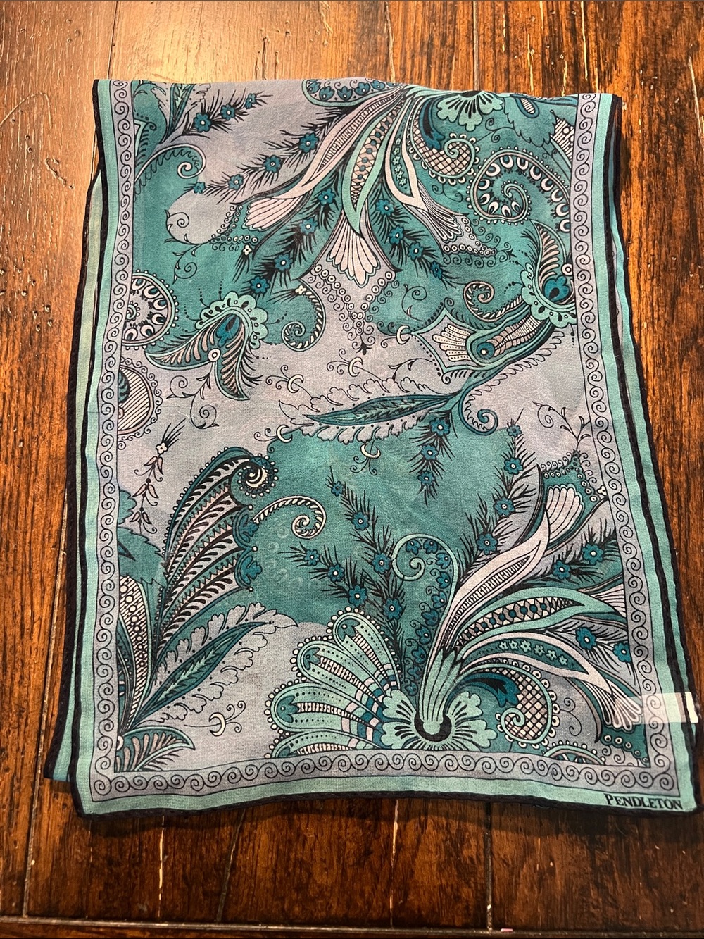 Vintage Pendleton Silk Floral + Paisley Skinny Scarf in Navy and Turquoise